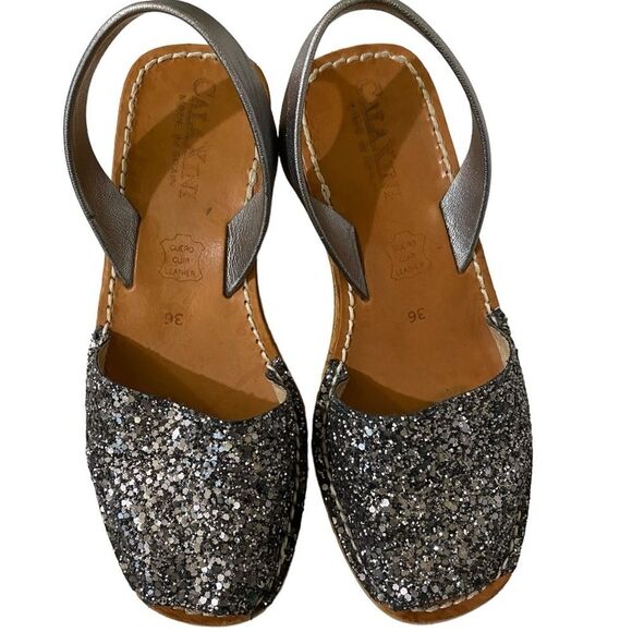 Calaxini Leather Black Silver Glitter Low Wedge Sling Back Sandals Made in Spain - Picture 2 of 12